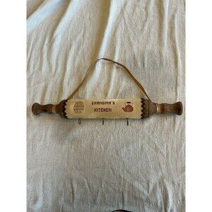 Vintage Cross Stitch Decorated Rolling Pin Cup Holder "Grandma's Kitchen" Rustic